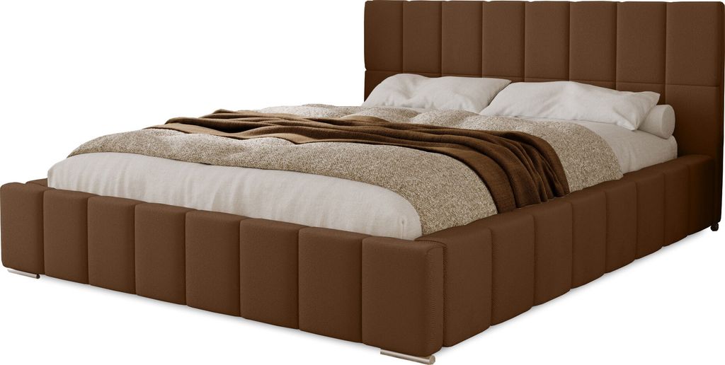 Polsterbett Alma 180x200 cm, Bett mit Kopfteil, Doppelbett mit Bettkasten, Lattenrost und Matratze aus Holz, Velourstoff: Dunkelbraun