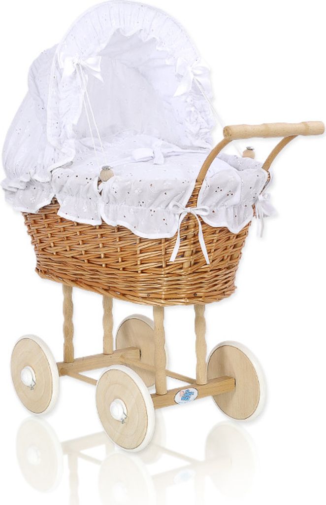 Wiklinwagen für Puppen mit weißer Bettwäsche von MY SWEET BABY - handgewebt aus natürlichem Korb und stabiler Holzunterlage
