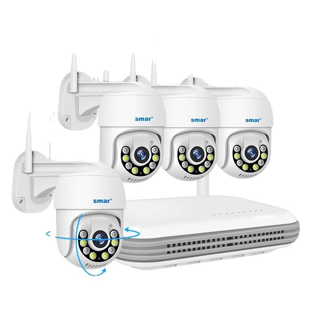 A set of security cameras and a network video recorder.