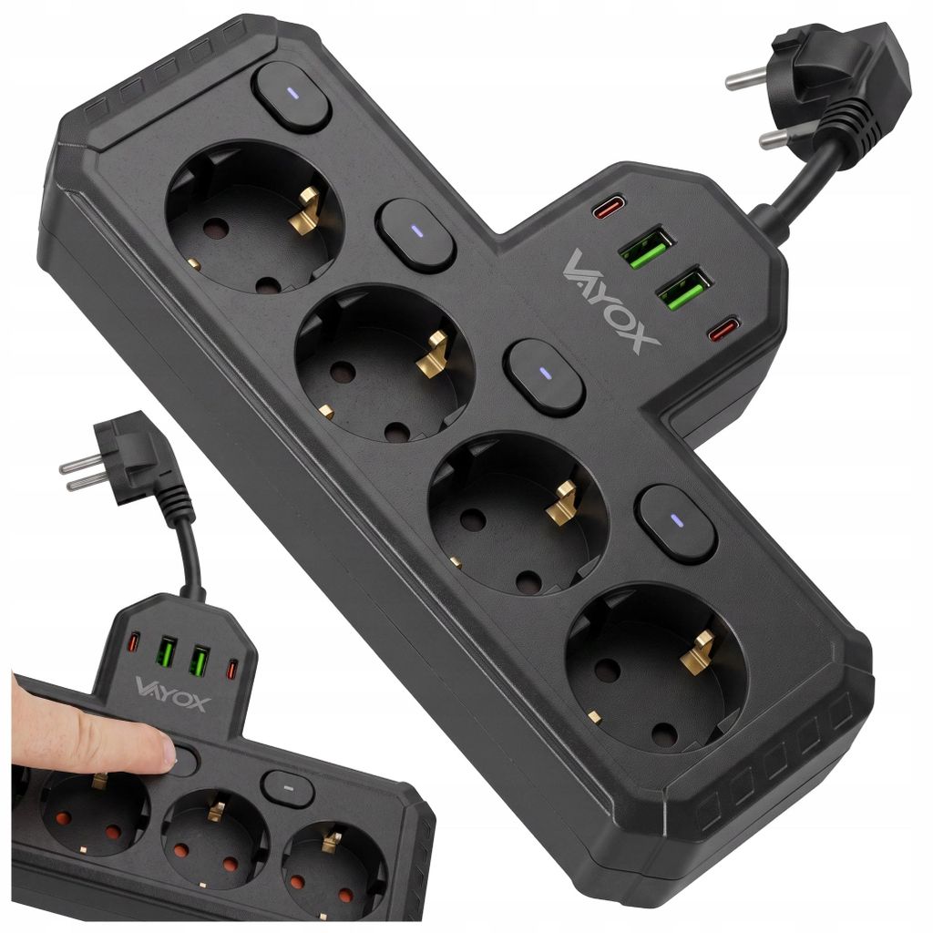 Vayox Steckdosenleiste 4-Fach Schuko 0,2m Schwarz | Einzeln Produktbild 
