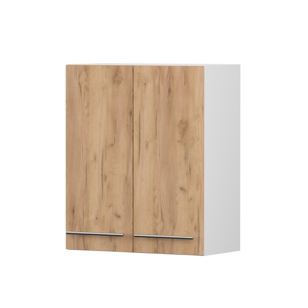 Wandschrank INEZ II, Küche, Küchenschrank zweitürig 60 cm Weiß/Craft Eiche Gold mit zwei Drehtüren, silberne Metallgriffe