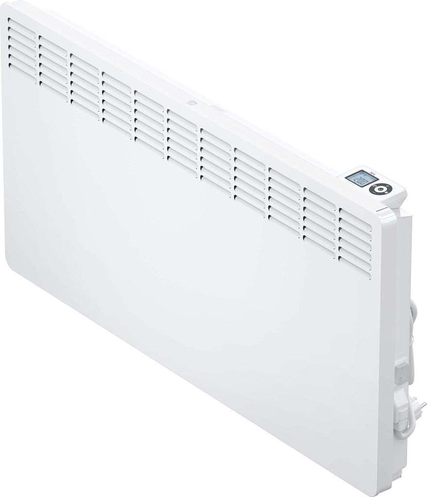 A white electric convector heater shown from a diagonal perspective against a white background.