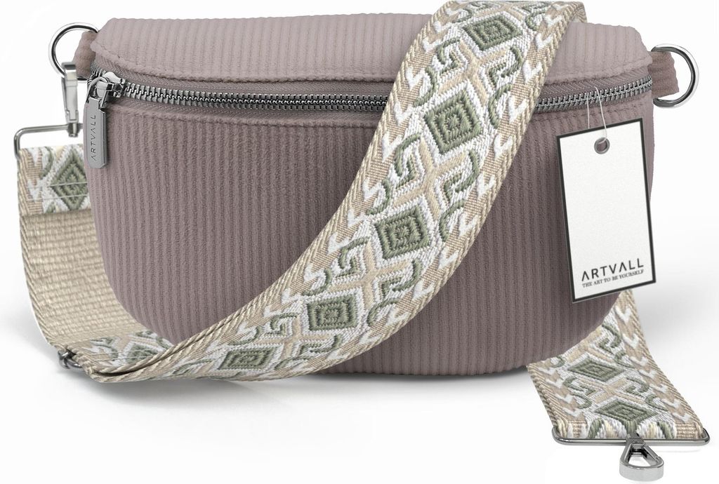 ARTVALL - Umhängetasche aus Cord, Klein mit verstellbarem Schultergurt, abnehmbares Taschenband, Crossbody Bag in Rosa