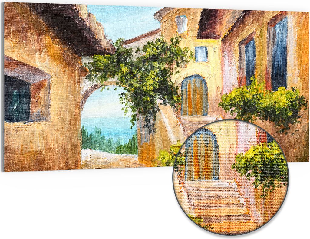 DEQORI Hybrid Leinwand Bild 100x50 cm 'Sonnige Gassen' Wandbild Glas flach modern