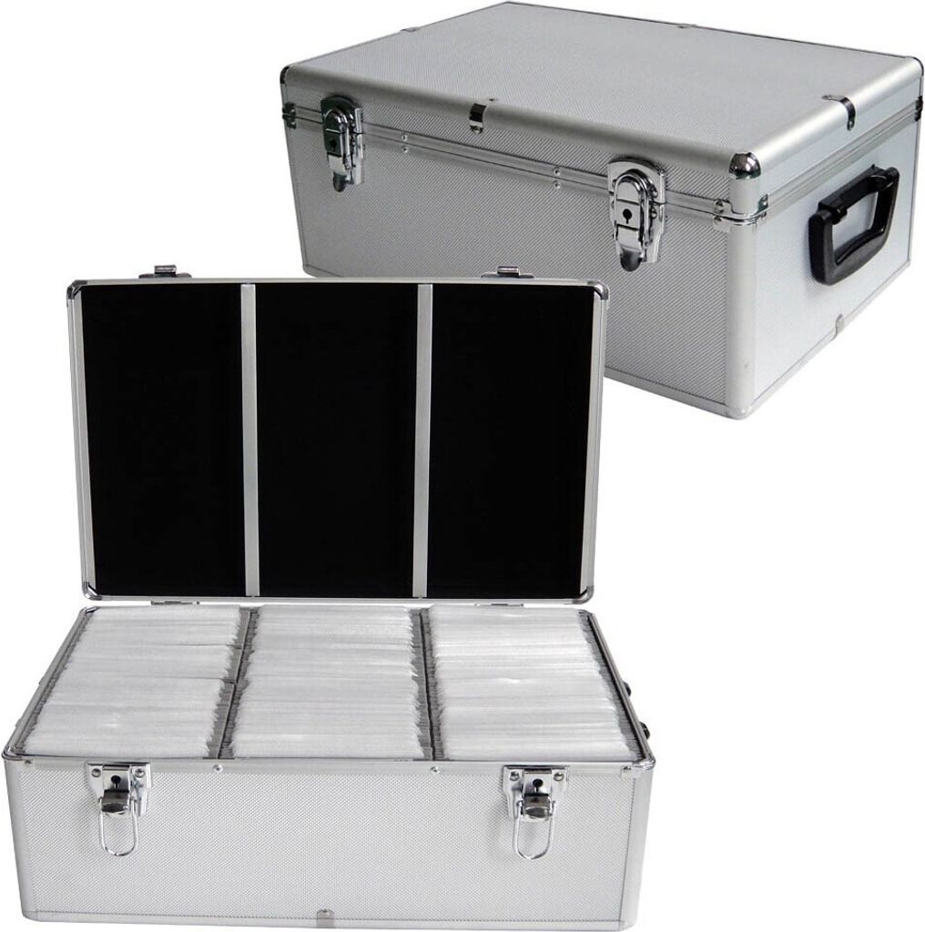 Two silver media storage cases are shown against a white background. One case is closed and in the background, while the other is open and in the foreground, revealing rows of CDs or DVDs inside.
