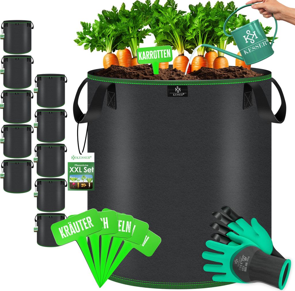 KESSER Pflanzsack aus Vlies mit Namensschildern, Sichtfenster & Griffen – ideal für Gemüse, Blumen & Obst