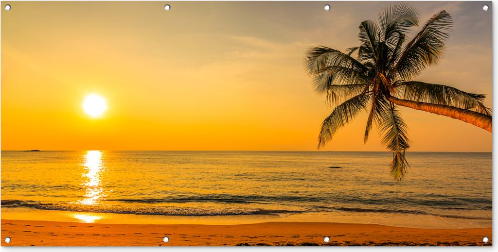 MuchoWow 160x80 cm Outdoor-Poster Gartendeko Sichtschutz Garten Poster für den Garten Palme - Strand - Sonnenuntergang - Meer