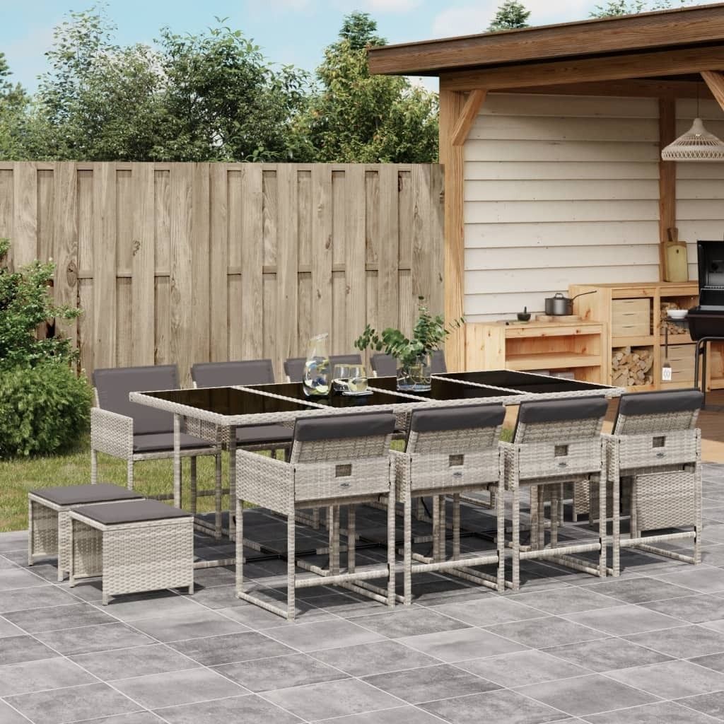 "Rabatt" 13-tlg. Garten-Essgruppe - mit tishe & Stuhl - mit Kissen Hellgrau Poly Rattan - Lounge-Dining set CC10851