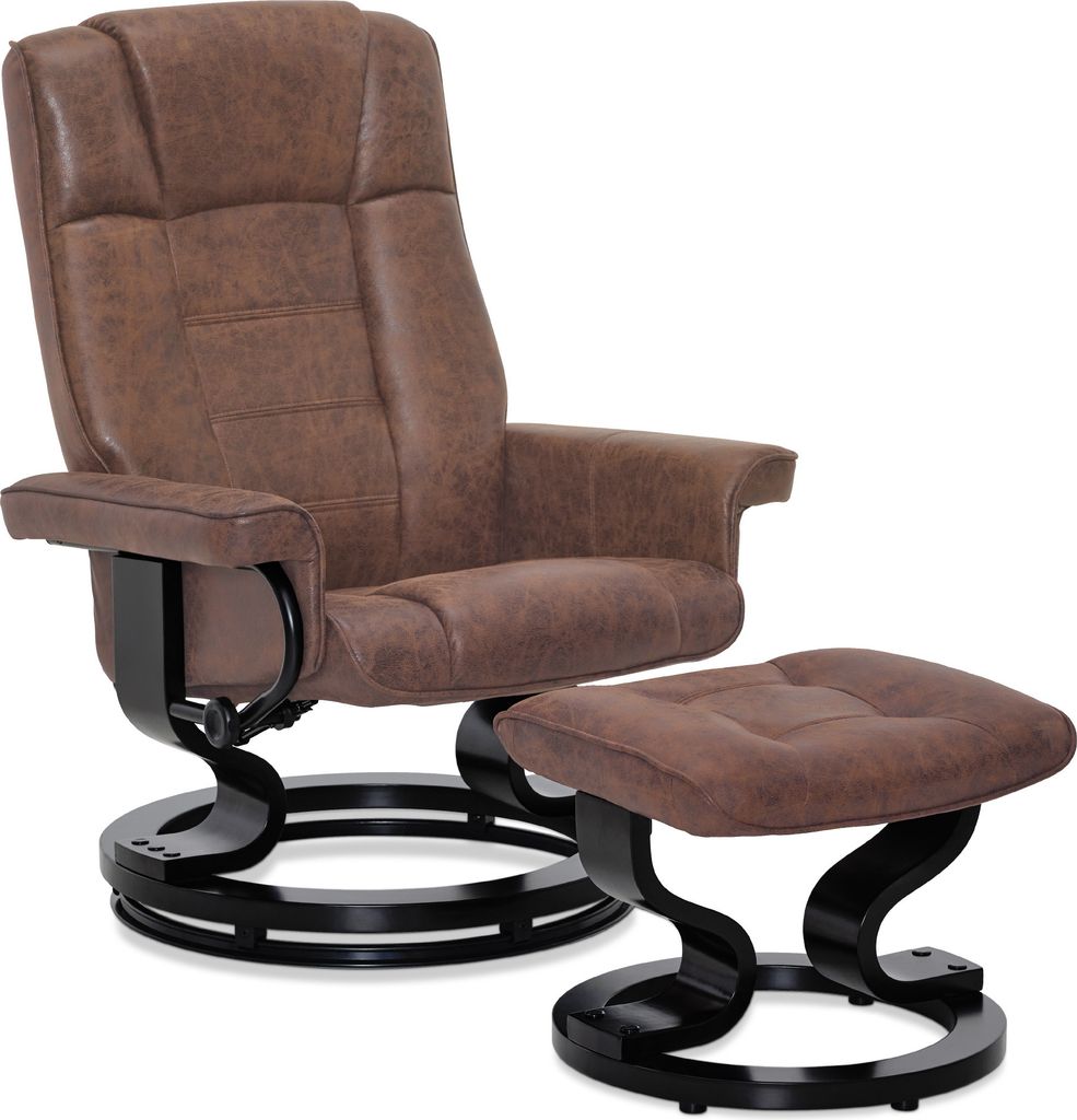 A brown recliner chair and ottoman set on a white background.