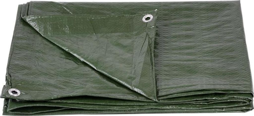A folded green tarpaulin is shown against a white background.