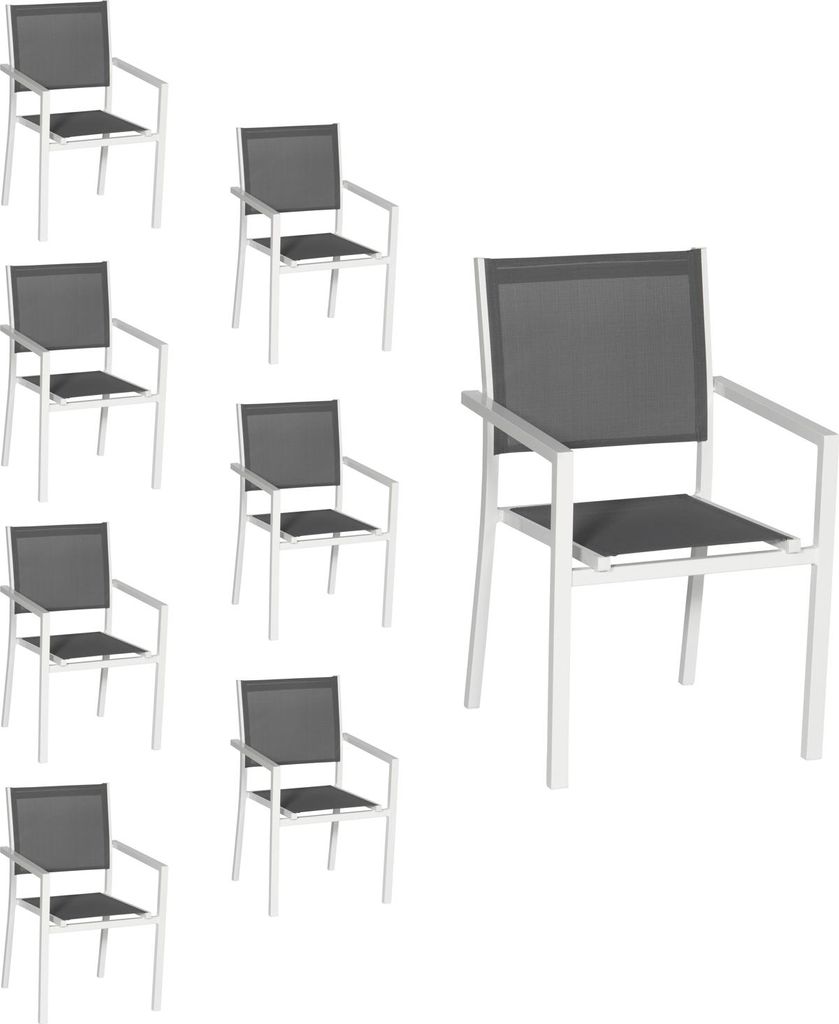 8er Set Stühle aus weißem Aluminium - graues Textilene