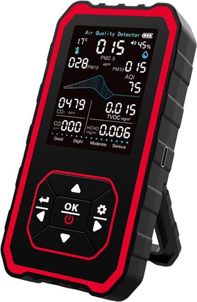 10-in-1-Monitor für CO2, PM2,5, HCHO, TVOC mit Lichtstrahlsensor, Echtzeit-Temperatur- und Feuchtigkeitsalarm, LCD-Display für Innenräume, schwarz