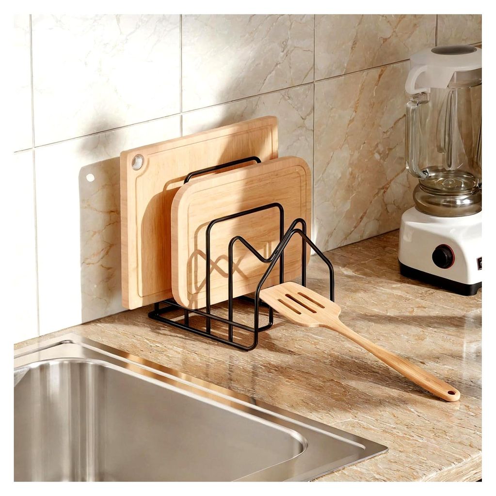 Schneidebrett-Halter mit 4 Fächern, Deckelhalter für Topfdeckel, Küchenorganizer für Topfdeckel von 16-34 cm, Ständer für Backbleche, Schwarz