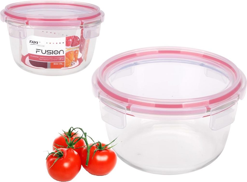 Lunchbox aus Glas, hitzebeständig, rund, Salatschüssel mit Deckel, FUSION Artikel-Nr. 81454, luftdicht, 800 ml, lebensmittelecht, Clipverschluss,...