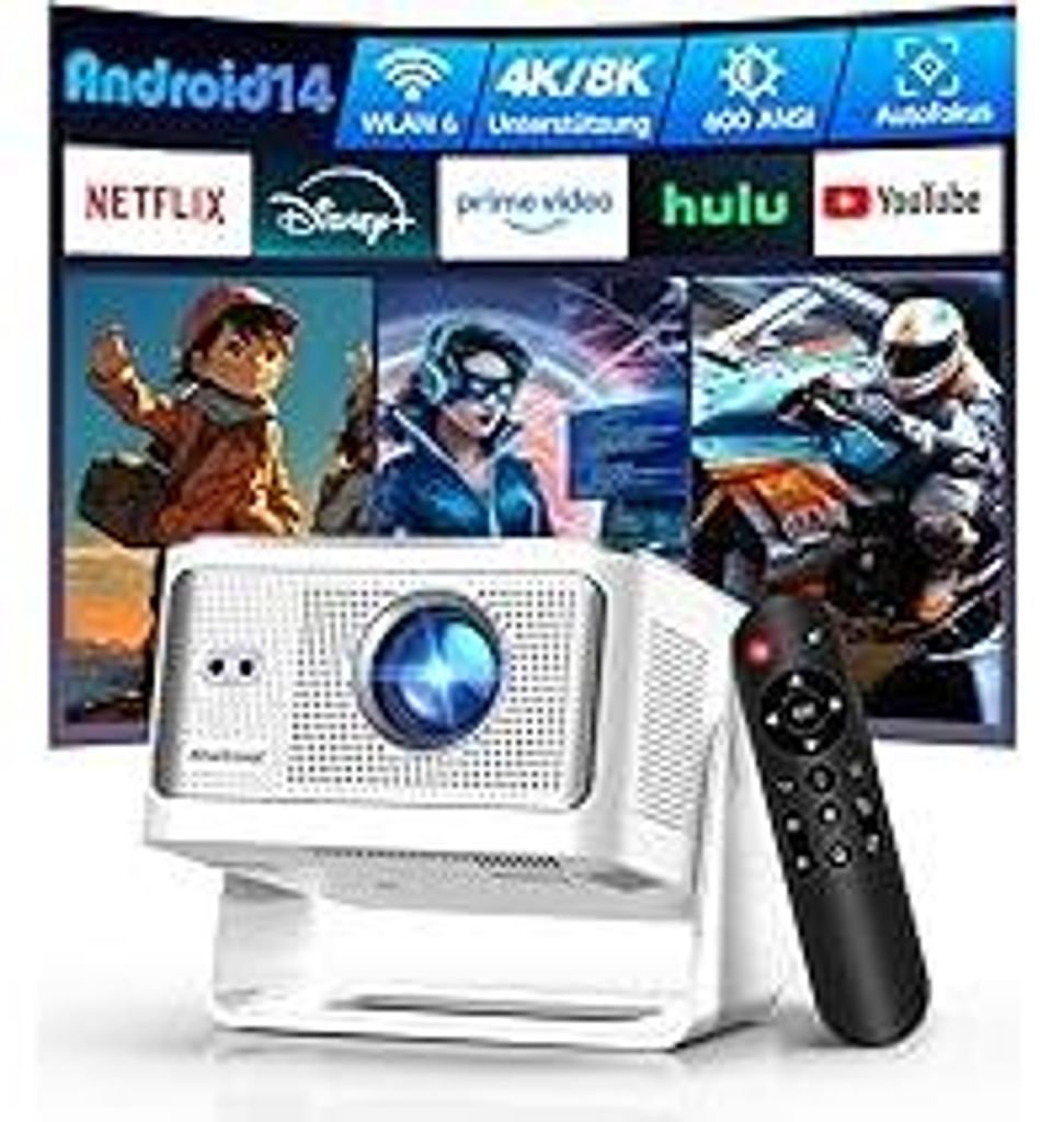 Alwtniet Mini Beamer Projektor 4K 8K Unterstützt, Full HD 1080P Smart Projector mit Android 14, WiFi 6 Bluetooth 5.4, Autofokus Auto Keystone 180...