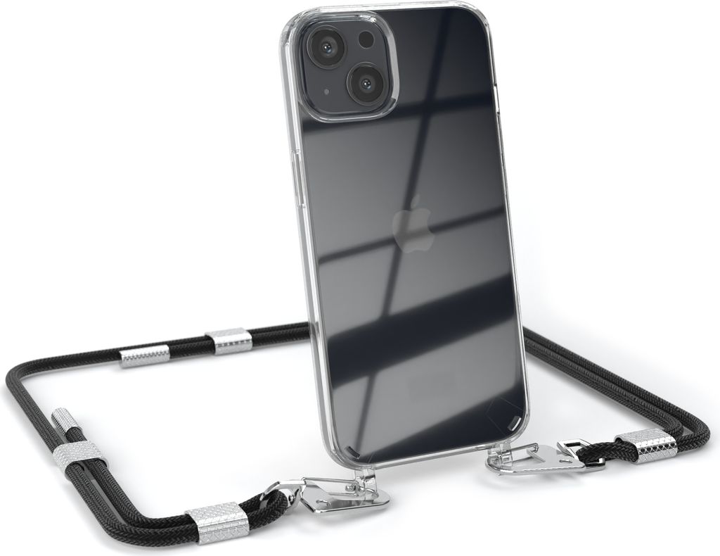 EAZY CASE Handykette für Apple iPhone 13, Transparente Silikonhülle mit Band, Clear Case, abnehmbar in Schwarz