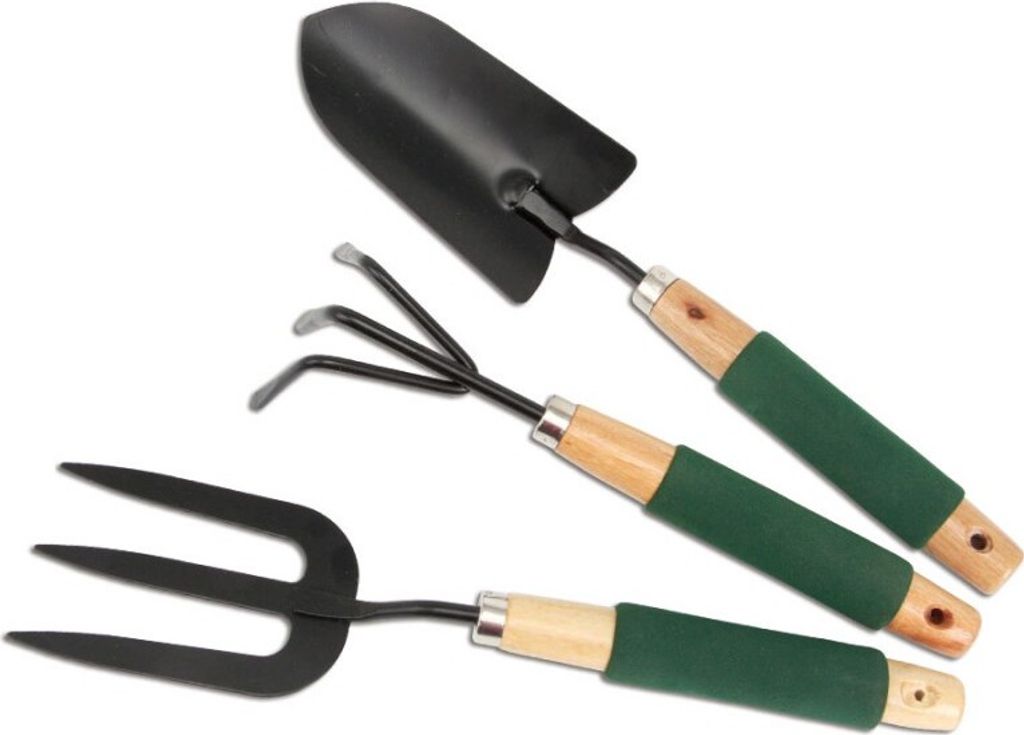 Gartenwerkzeug-Set, Handrechen, Grabegabel und Pflanzschaufel mit Vorbohrung für Aufhänger, für Balkon, Terrasse und Garten