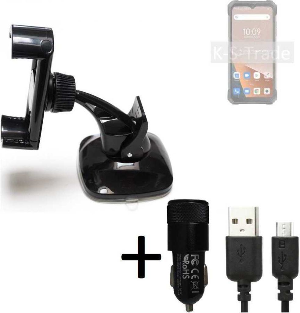 K-S-Trade Halterung kompatibel mit Blackview BL8800 Pro 5G Windschutzscheibe / Armaturenbrett + LADEGERÄT mit Mico USB Kabel Autohalterung KFZ Halter
