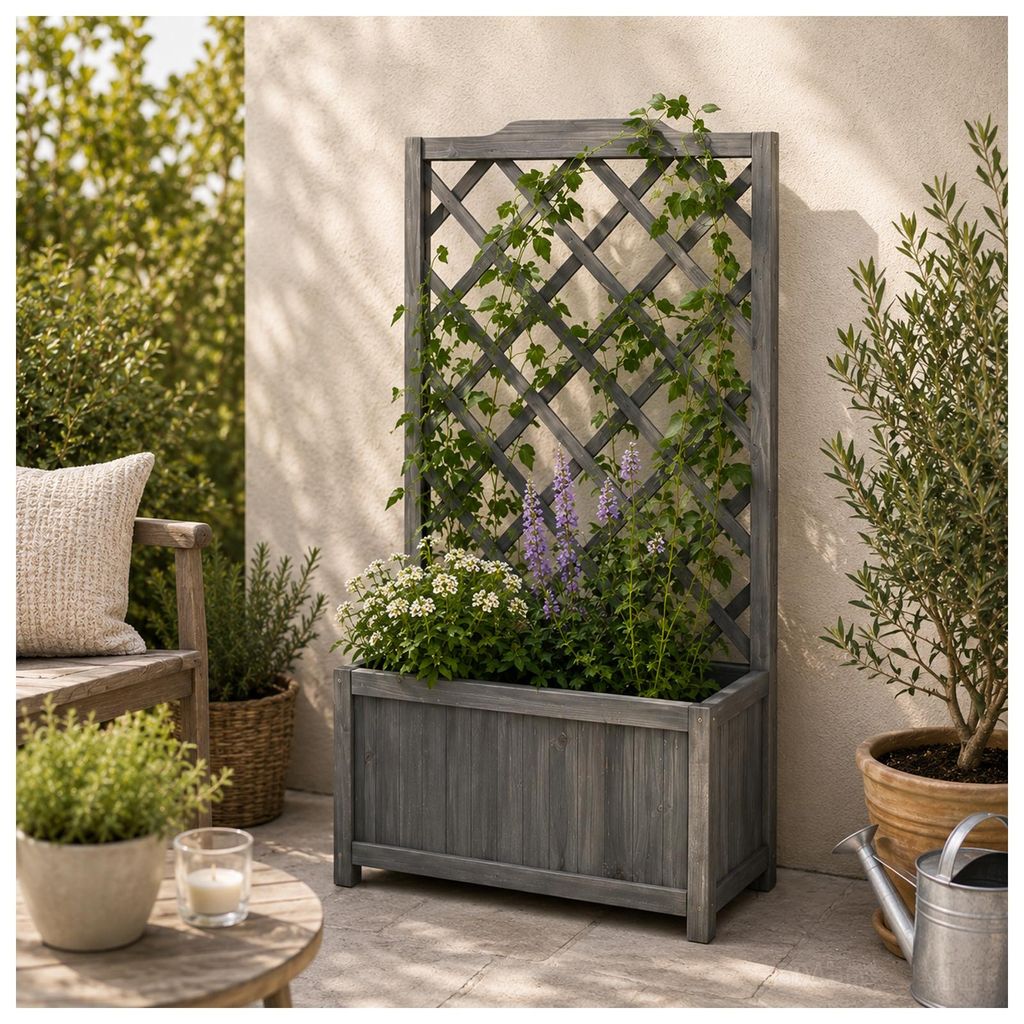 Pflanzkasten mit Rankgitter aus Holz Grau Blumenkasten für Produktbild 