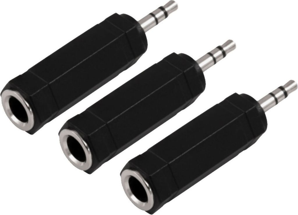Three black audio adapters are arranged diagonally on a white background.