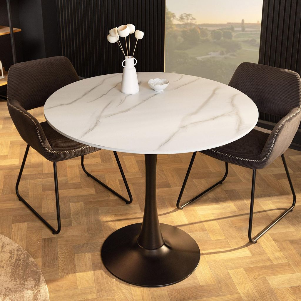 riess-ambiente Runder Esstisch LYON 80cm weiß Marmor Keramik Bistrotisch schwarzer Säulenfuß Tulpenfuß