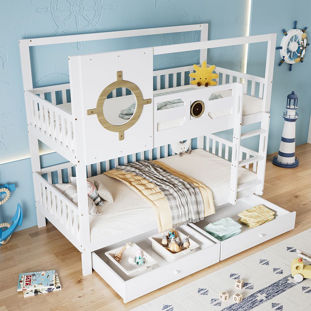 Etagenbett mit Dach Fallschutzgitter Schubladen und Fenster Kinderbett Hausbett Kiefernbett Jugendbett 90x200cm Weiß+Natur