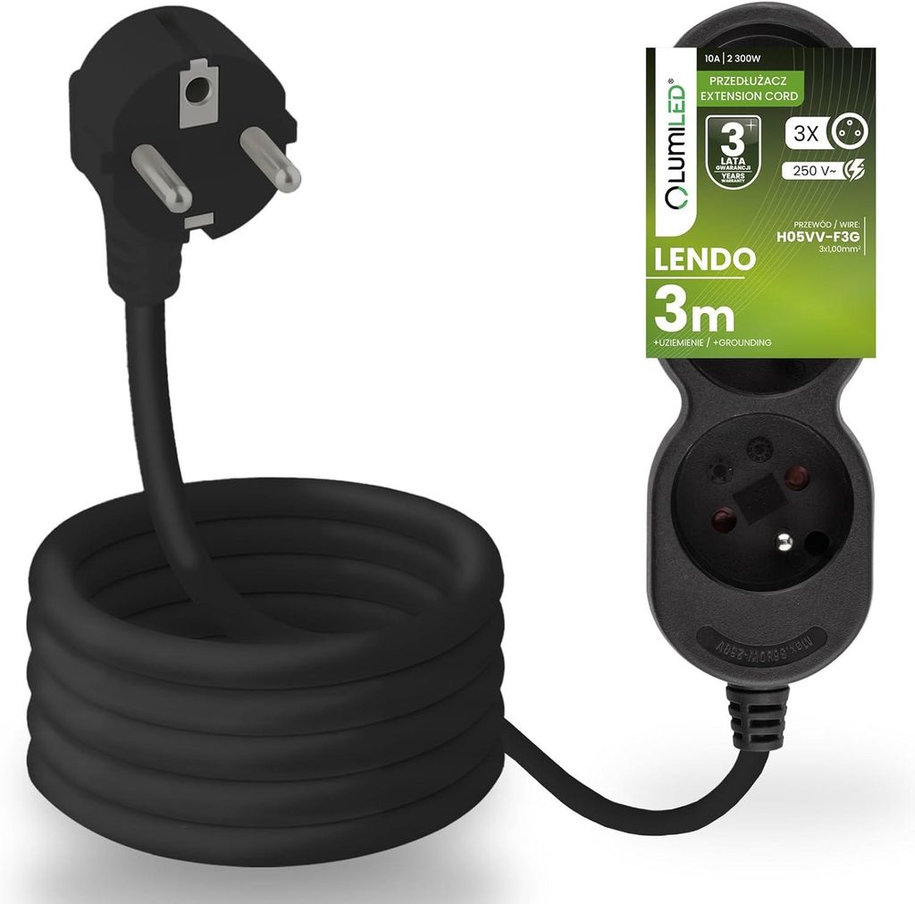 LUMILED Steckdosenleiste 3-Fach Steckdose Typ E, 3m Kabel H05VV-F3G schwarz Mehrfachsteckdose E Stecker 10A 2300W 250V IP20 Halterung zum Aufhängen