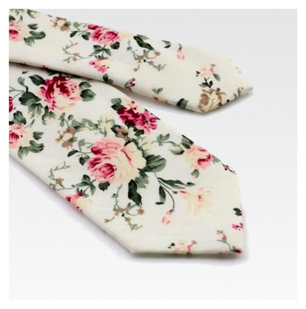 Herren-Krawatte und Einstecktuch aus hochwertiger Baumwolle, Blumenmuster, schmal, cremefarben/blumenmuster, Krawattenlänge: 145 cm. Einstecktuch:...