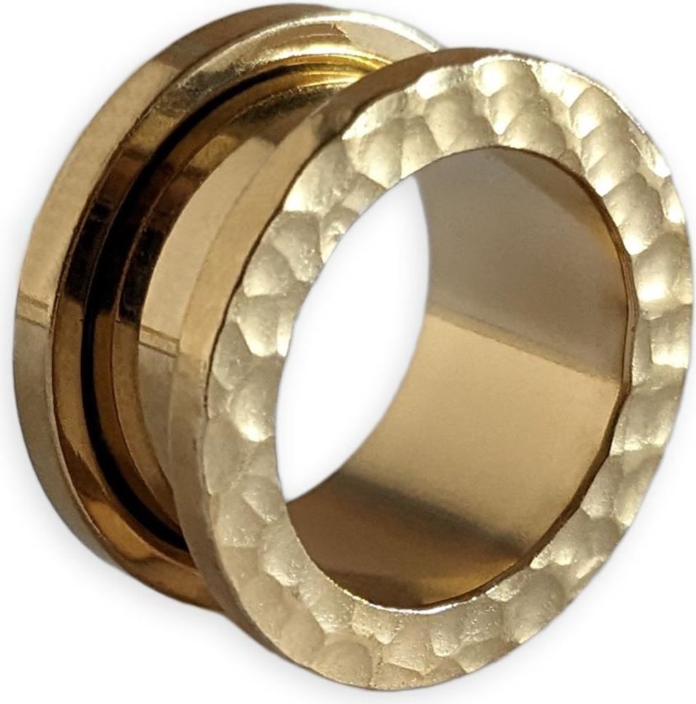 viva-adorno 1 Stück 10mm Flesh Tunnel Plug Edelstahl gehämmert Schraubtunnel Gewinde gedengelt 6-16mm Z562 gold