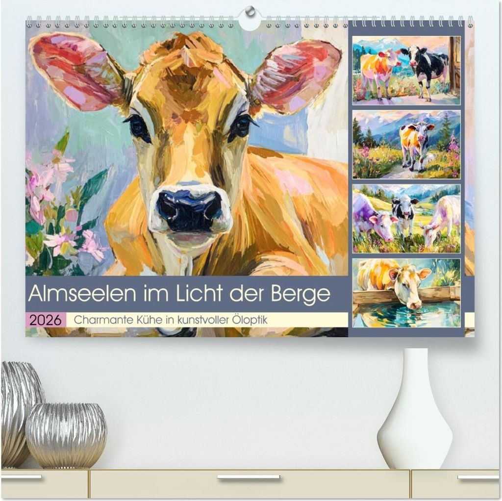 Almseelen im Licht der Berge. Charmante Kühe in kunstvoller Öloptik (hochwertiger Premium Wandkalender 2026 DIN A2 quer), Kunstdruck in Hochglanz