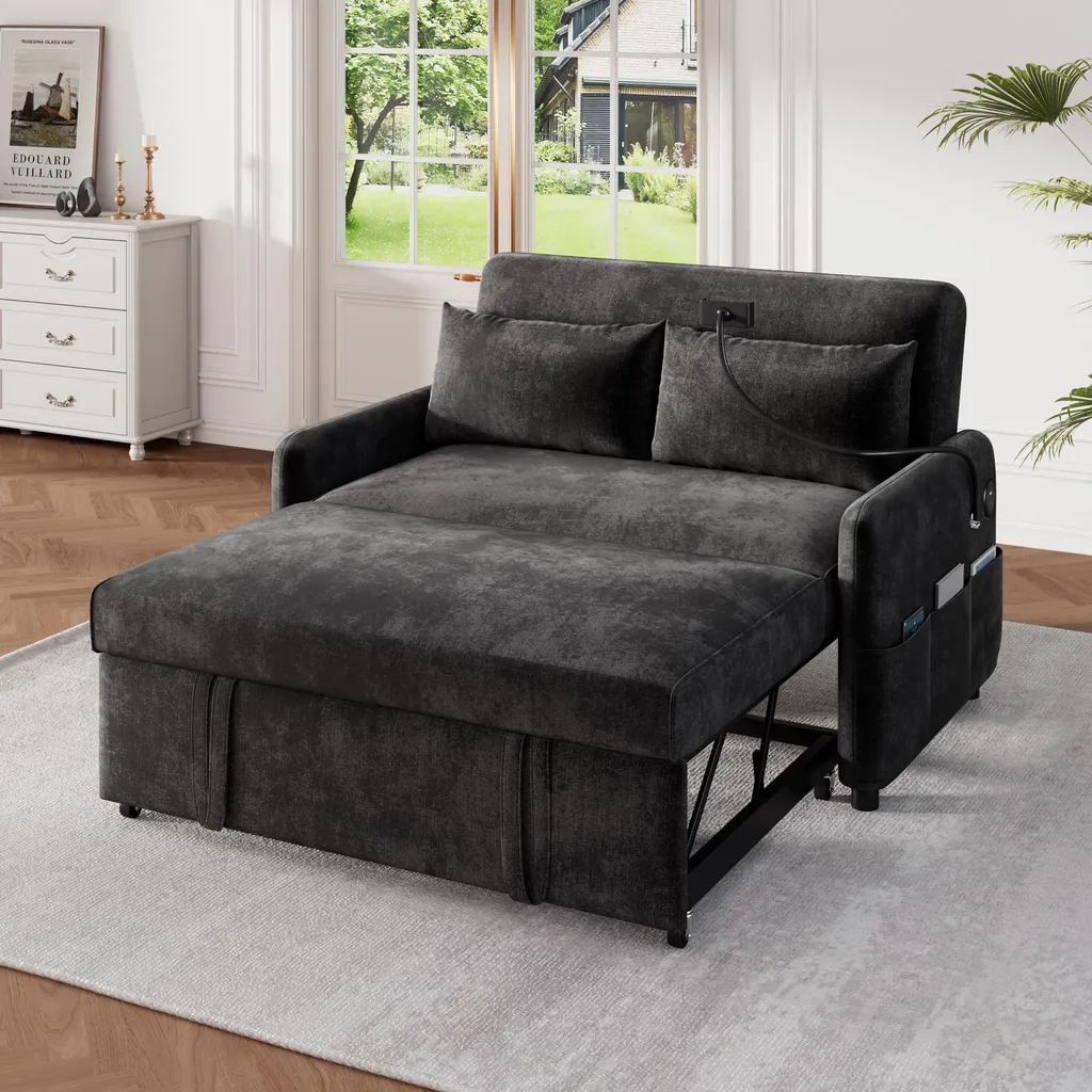 Canapé Convertible 2 Places Gain de Place avec Port USB pour Salon Gris