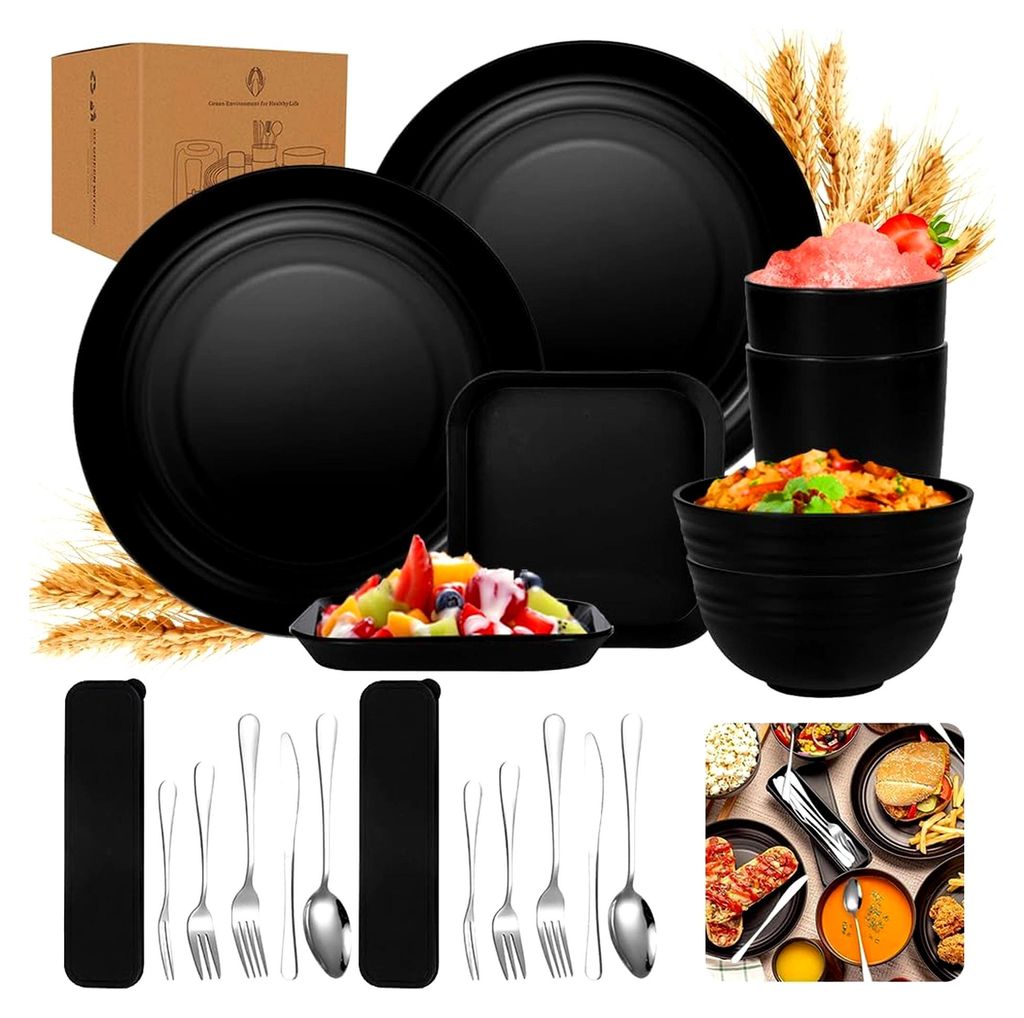 Camping Geschirr Set, Plastikgeschirr mit Edelstahlbesteck, Unzerbrechliches Geschirr Set, Leicht, Farbenfroh und Wiederverwendbar für Picknick, B...