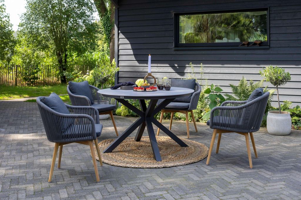 Gartenmöbel-Set Almeria rund Ø 120cm Gesinterter Stein & Solana Stühlen Rope Teakholz
