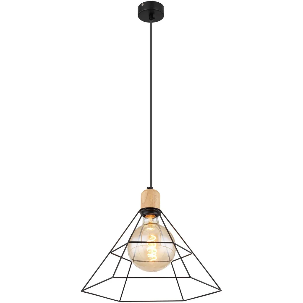 Lustre Suspension Industrielle Noir Mat et Bois Naturel Globo Ø35 cm