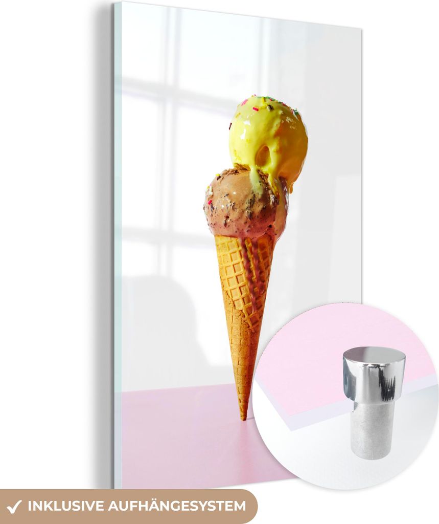 MuchoWow Glasbilder - Bilder auf Wandbild - Foto auf Glas Eiscreme mit gelber und brauner Kugel 40x60 cm Wanddekoration aus Glas - Acrylglasbild - ...