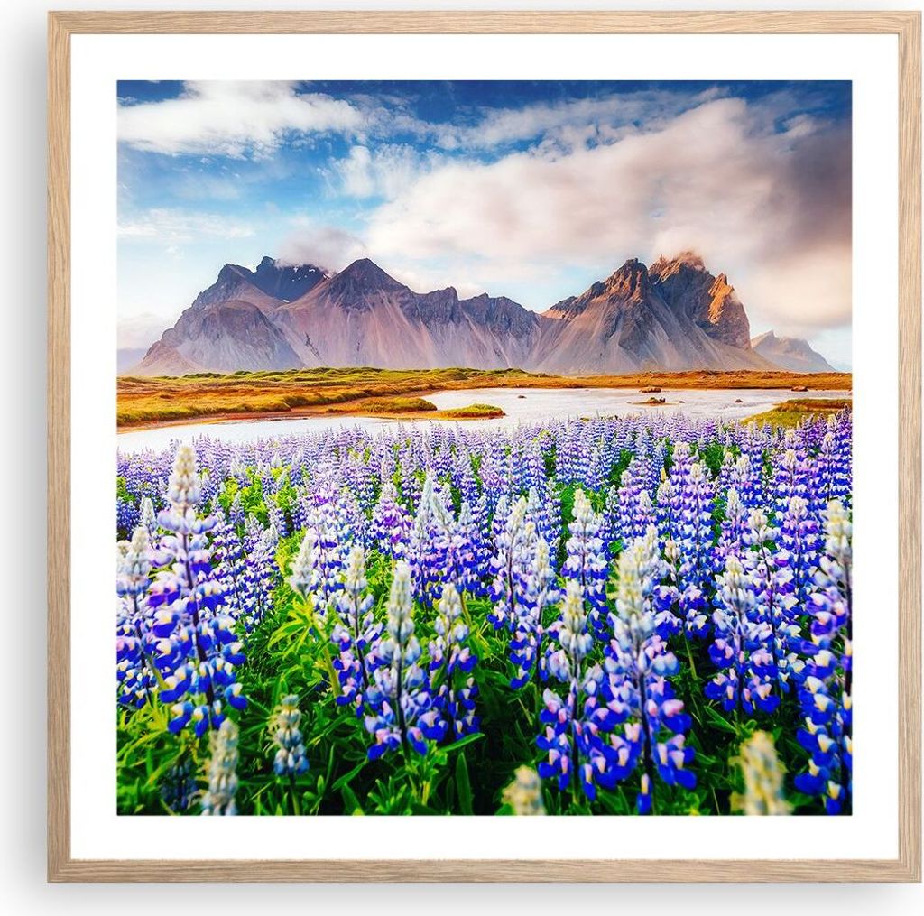 Gerahmtes Poster - Rahmen in heller Eiche - Berge Wiese Blumen - 60x60 cm - Wand Bild - Wanddeko - Wandbilder - Wandposter - Bilderrahmen - Bilder ...