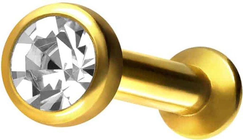 Ohrpiercing, Nasenpiercing Chirurgenstahl Triple Piercing Mini Labret mit Innengewinde FLAT-DISC + KRISTALL Gold Stablänge: 7mm | Discgröße: 3mm