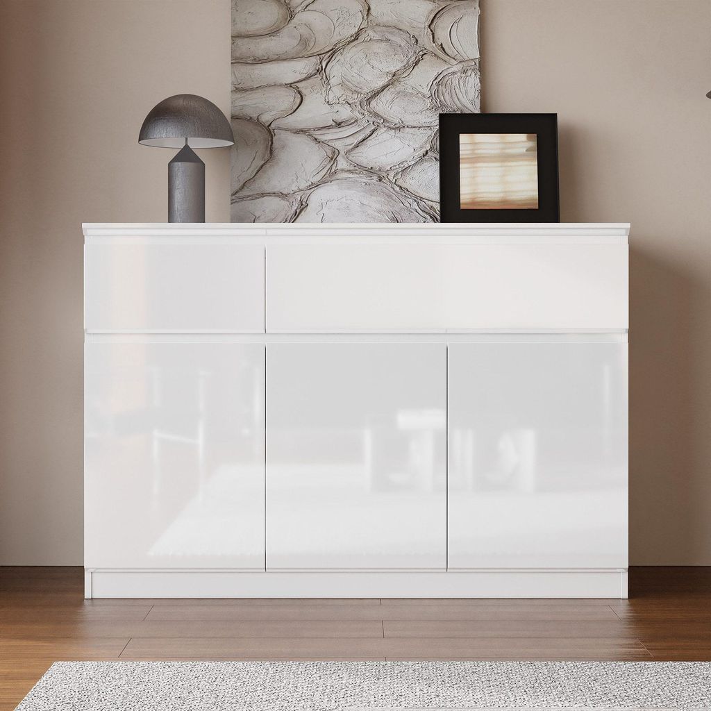 Hochglanz Sideboard Weiß 120x40x83cm, 2 Schubladen & 3 Produktbild 