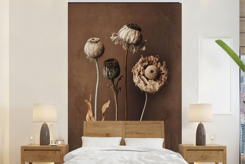 MuchoWow Fototapete für Wohnzimmer oder Schlafzimmer Wandtapete Vinyl Motivtapete Blumen - Pflanzen - Trockenblumen - Braun - 170x260 cm - Wohnz...