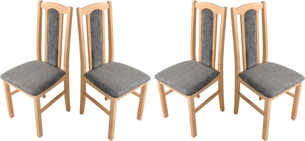 Four wooden dining chairs with gray upholstered seats and backs are arranged against a white background.