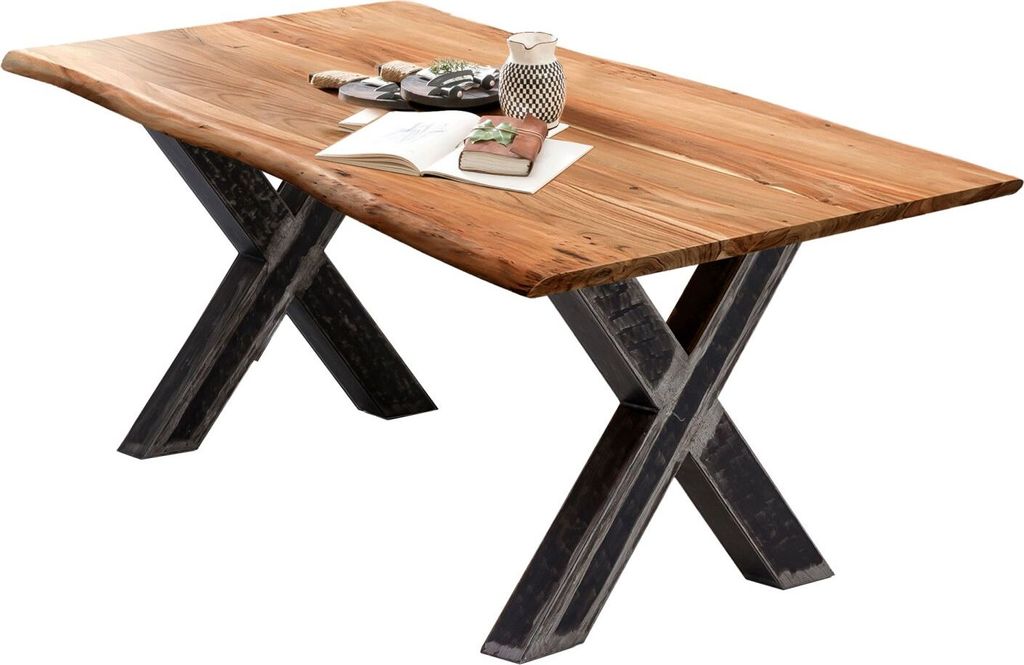 SIT Möbel Esstisch 180 x 100 cm | 56 mm Tischplatte aus Akazie mit Baumkante | Gestell Metall in X-Form | B 180 x T 100 x H 79 cm | 15562-41 | Ser...