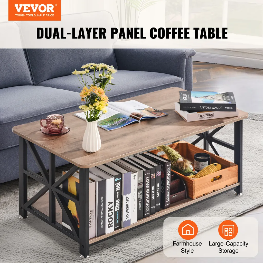 Table basse VEVOR style ferme 100 cm avec rangement ouvert bois rustique
