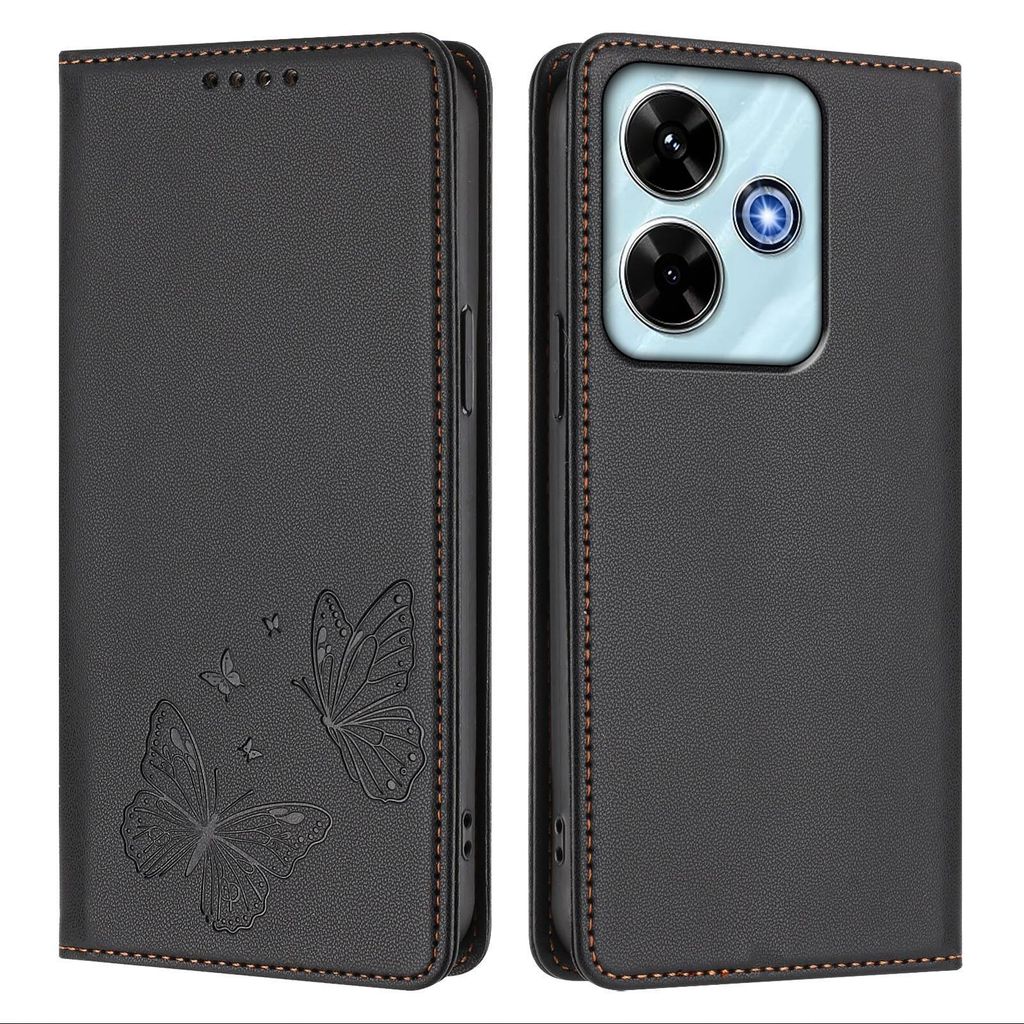 Lederhülle für Xiaomi Redmi 13 4G, Schmetterling Prägung Leder Brieftasche Schutzhülle mit Ständer Schwarz
