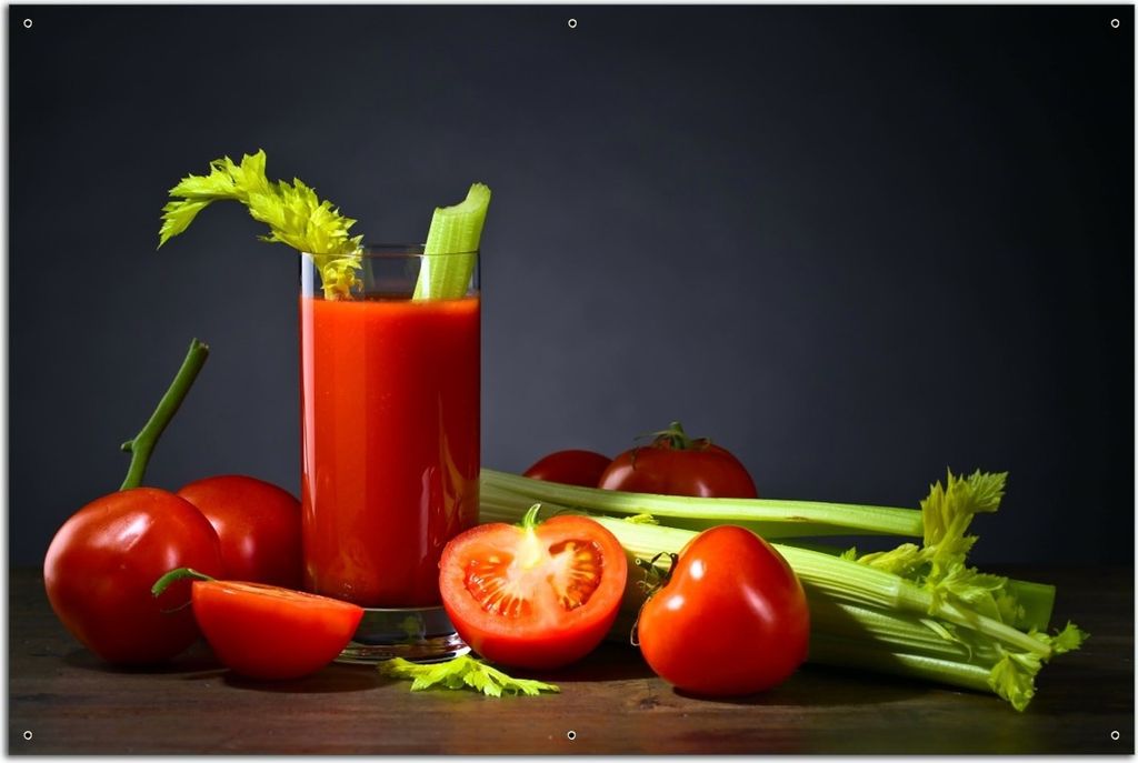 Wallario Outdoor-Poster für Garten oder Balkon, Motiv Frischer Tomatensaft mit Sellerie, in ca. 61 x 91,50 cm