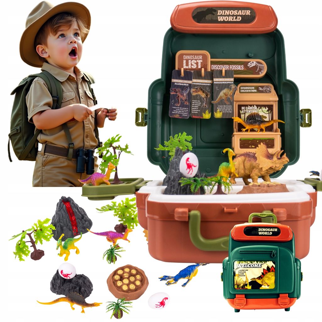 XXXL Dinosaurier-Eier Figuren Set | Mit Rucksack-Koffer und Vulkan | Riesiges Spielset für kleine Entdecker