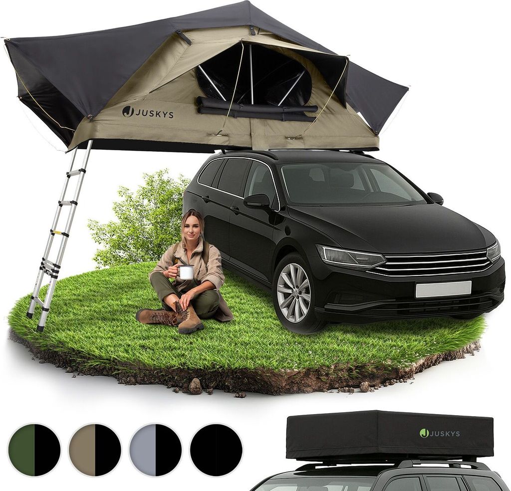 Juskys Autodachzelt Lago 140 x 240 cm - Wetterbeständig mit Leiter - Schwarz / Khaki