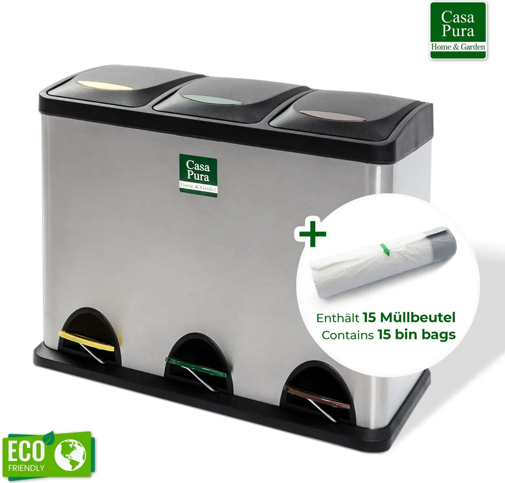 Poubelle Tri Sélectif 3 Bacs Brandon Casa Pura 24 Litres en Acier