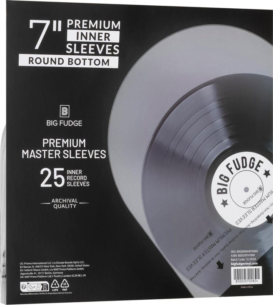 Big Fudge 25er Pack 7 Zoll Schallplatten Innen Hüllen - 25x 7" Schallplatten LP Aufbewahrung Schutzhüllen - 25er Set Rundboden Vinyl Inner Sleeves -