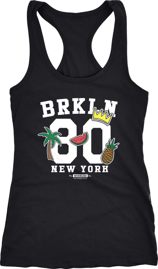 Damen Tanktop Tank Top Patches Aufnäher Look Ananas Wassermelone Palme Krone Racerback Neverless schwarz XXL