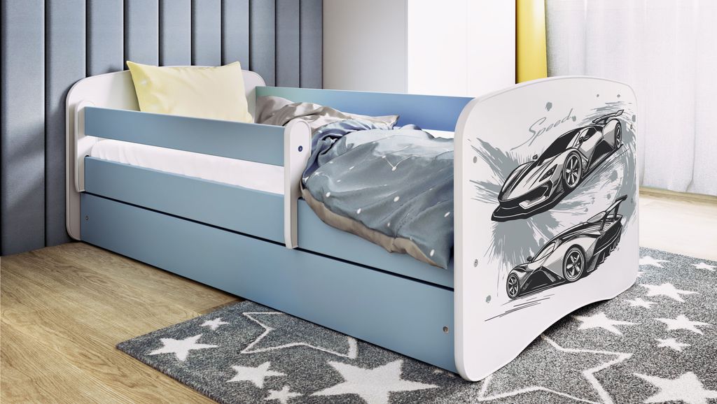 Kinderbett Jugendbett Sportwagen 70x140, 80x160, 80x180 cm - Komplettset mit Schublade & Rausfallschutz